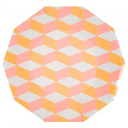 Piatti di carta a trama geometrica rosa e arancione