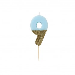 Candelina di compleanno glitterata oro/azzurra a forma di 9 2