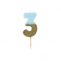 Candelina di compleanno glitterata oro/azzurra a forma di 3 2