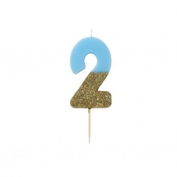 Candelina di compleanno glitterata oro/azzurra a forma di 2 2