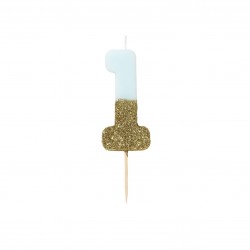 Candelina di compleanno glitterata oro/azzurra a forma di 1 2