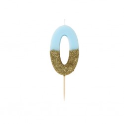 Candelina di compleanno glitterata oro/azzurra a forma di 0 2
