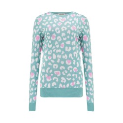 Maglioncino donna verde acqua fantasia leopardata con cuoricini