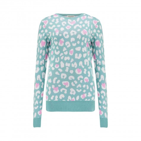 Maglioncino donna verde acqua fantasia leopardata con cuoricini