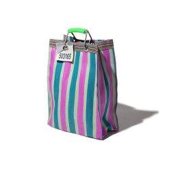 Borsa alta in plastica riciclata a righe verdi e fucsia