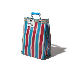 Borsa alta in plastica riciclata a righe rosse e azzurre