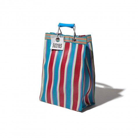 Borsa alta in plastica riciclata a righe rosse e azzurre
