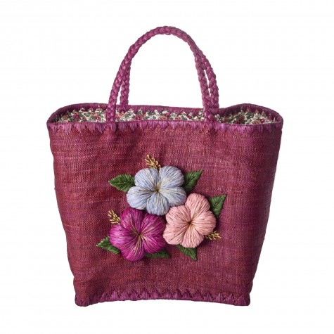 Borsa grande in rafia bordeaux con ricamo floreale 3D