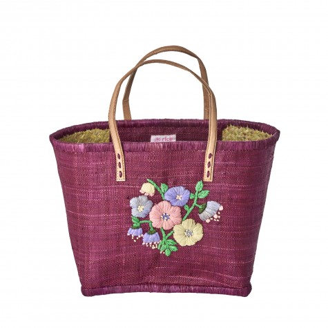 Borsa in rafia bordeaux con ricamo floreale