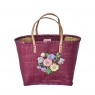 Borsa in rafia bordeaux con ricamo floreale