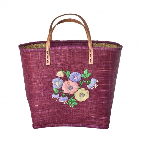 Borsa grande in rafia bordeaux con ricamo floreale