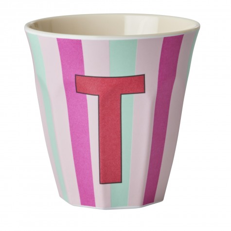 Bicchiere medio in melamina a righe con lettera T