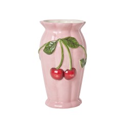 Vaso in ceramica rosa con ciliegie in rilievo