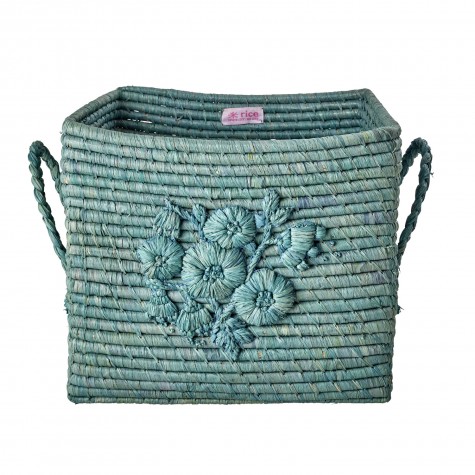 Cesto porta oggetti verde acqua con ricamo floreale