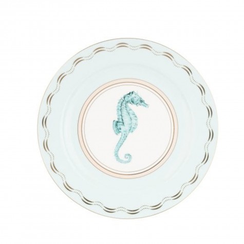 Piatto piano in porcellana azzurro con cavalluccio marino |