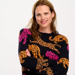 Maglione donna nero fantasia leopardi colorati 2