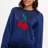 Maglione donna blu denim scintillante fantasia ciliegie