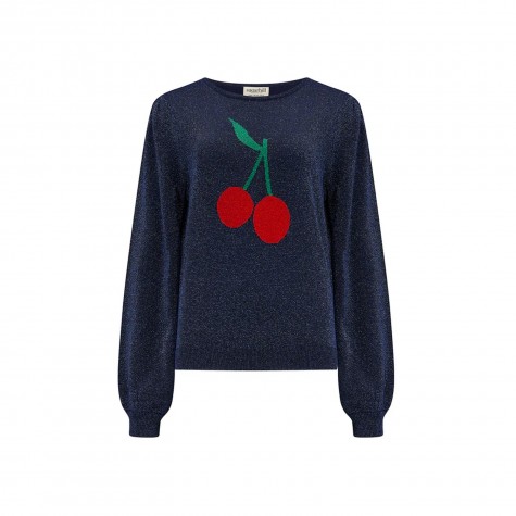 Maglione donna blu denim scintillante fantasia ciliegie