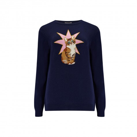 Maglione donna blu fantasia Star Cat