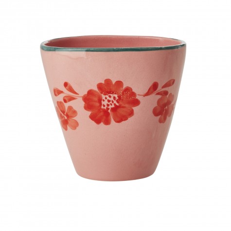 Bicchiere in ceramica con fiori rossi dipinti a mano