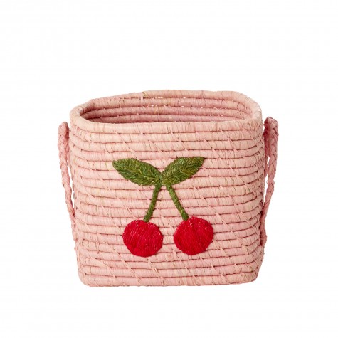 Cesto small in rafia rosa con ciliegie ricamate