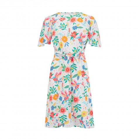 Mini abito bianco con motivo floreale e colibrì