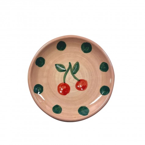 Piattino in ceramica beige a pois con ciliegie