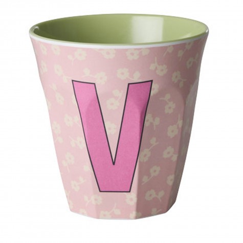 Bicchiere rosa con fiori e iniziale V | RICE
