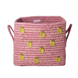 Cesto portaoggetti in rafia rosa con limoni ricamati |