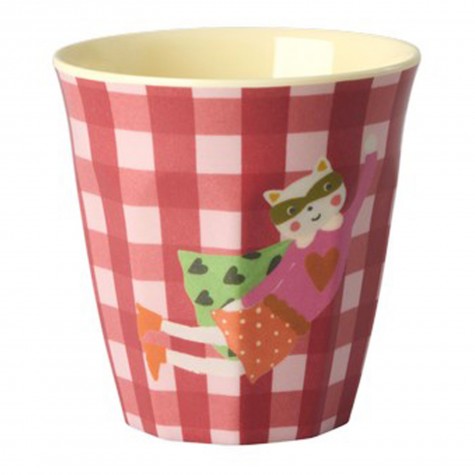 Bicchiere piccolo in melamina a quadretti con supereroina |