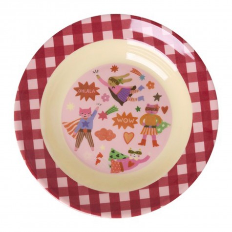 Piatto fondo bimbo a quadretti rosa con animali supereroi |