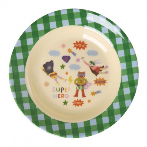 Piatto fondo bimbo a quadretti verdi con animali supereroi |
