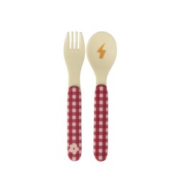 Posate bimbo in melamina a quadretti rosa Super Hero |