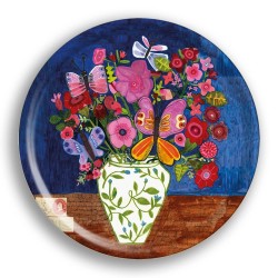Vassoio circolare in legno con vaso di fiori e farfalle |