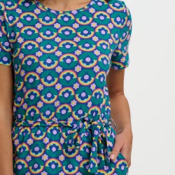 Abito midi in jersey blu navy con margherite caleidoscopiche | 2