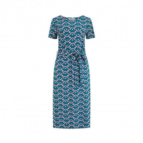 Abito midi in jersey blu navy con margherite caleidoscopiche |