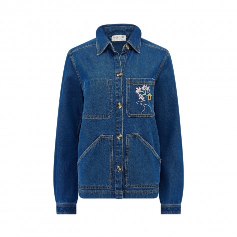 Giacca in blu denim con ricamo floreale