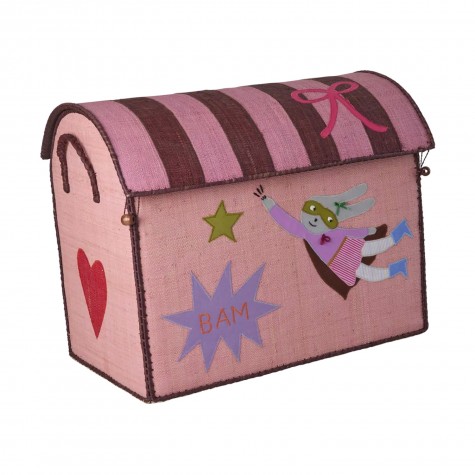 Cesta portagiochi grande in rafia rosa con ricamo Super Hero |