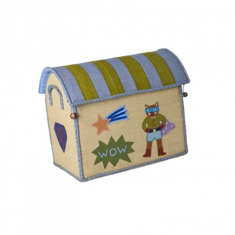 Cesta portagiochi piccola in rafia beige con ricamo Super Hero