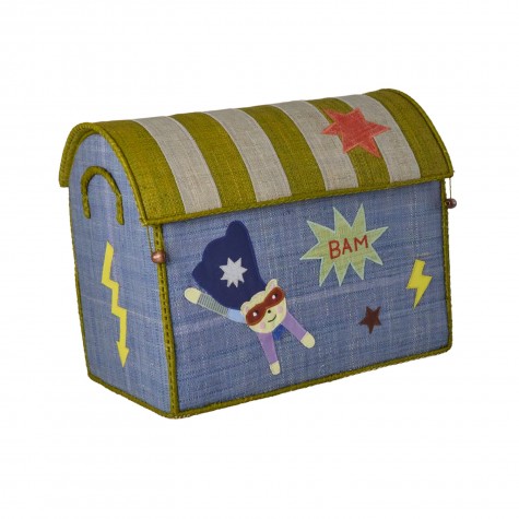 Cesta portagiochi media in rafia blu con ricamo Super Hero |