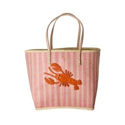 Borsa da mare in rafia a righe con aragosta ricamata |