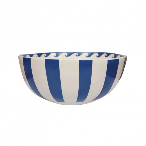 Tazza da colazione in ceramica a righe blu con uccellino |