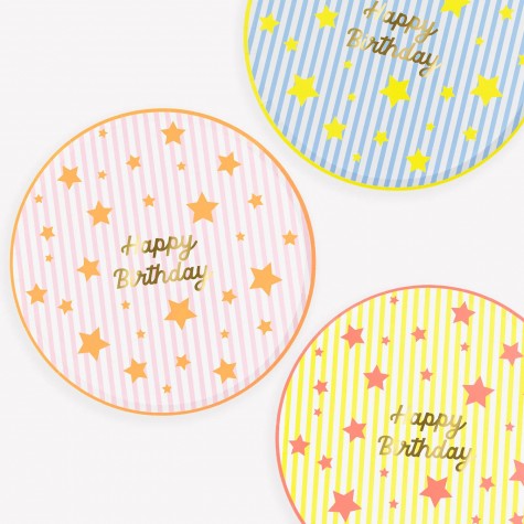 Piatti di carta Happy Birthday a righe | Gallinasmilza