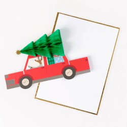 Biglietto di auguri renna in auto con albero di Natale | 2